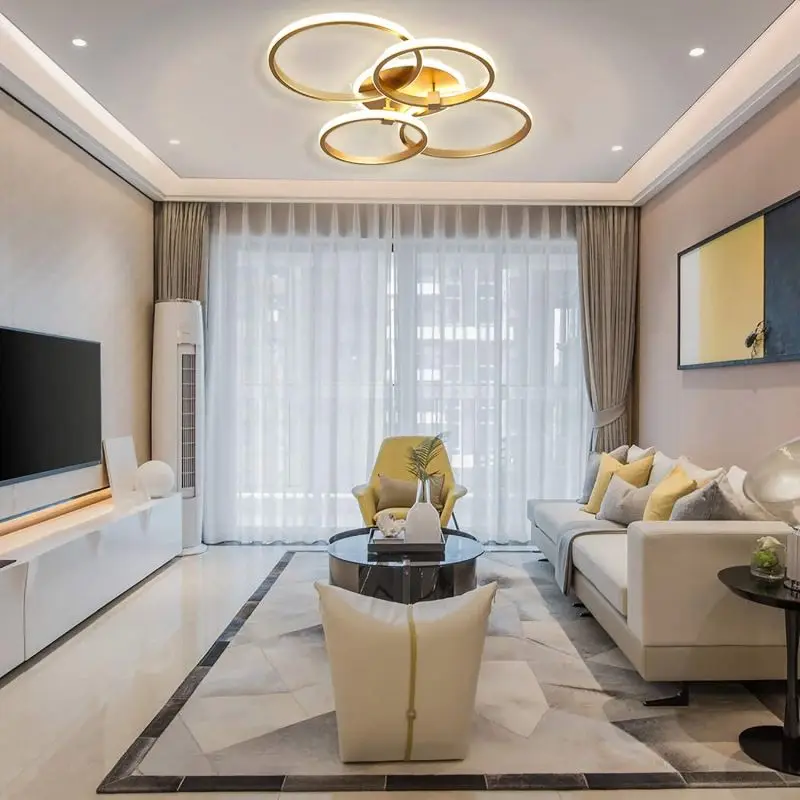 Modern Ceiling Lamp Gold Circle Dimmable Remote Pendant Lights Fixture 4 Ring Flush Lighting Mount Acrylic Iron Chandelier
