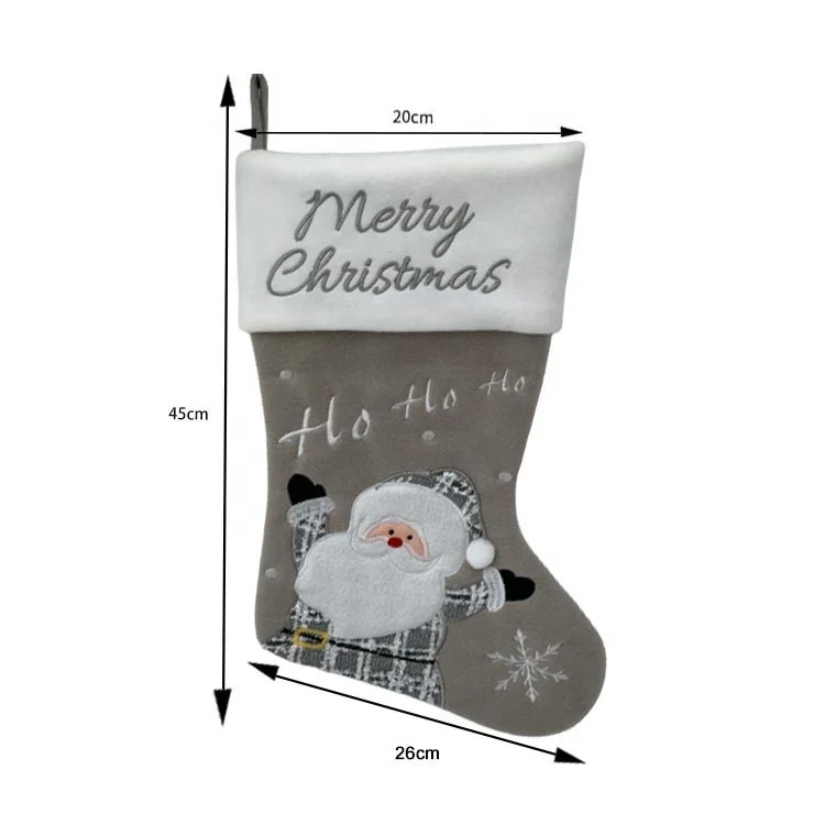 Custom Mini Grey Polyester Embroidered Santa Snowman Bear Penguin Patterns Candy Bag Christmas Stocking