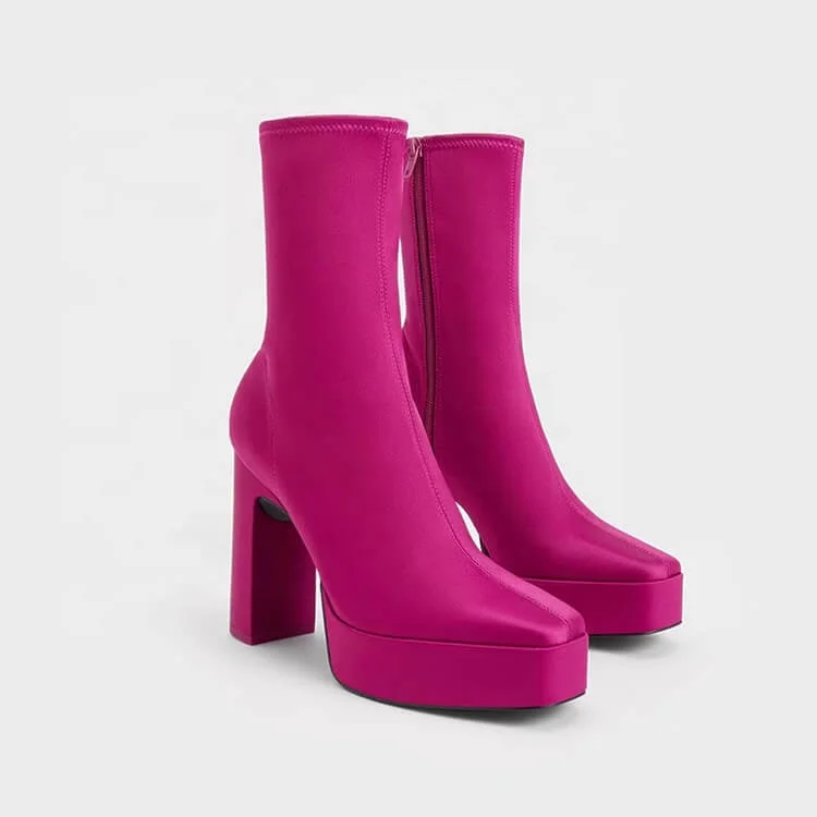 Dark Brown Pink Satin Silk Side-Zip Platform Block Heel Ankle Skinny Boots