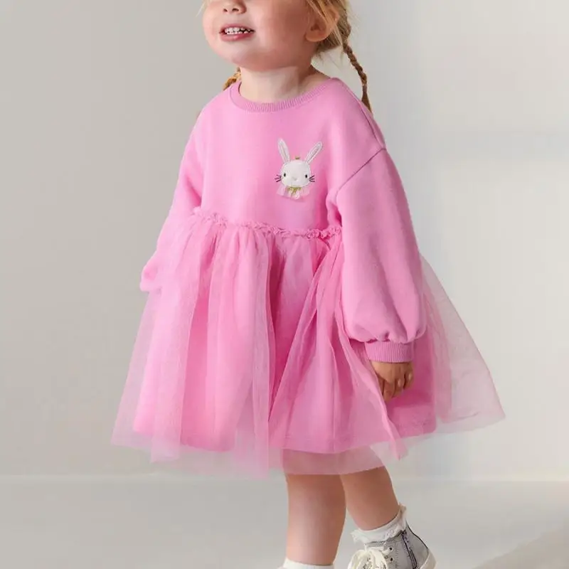 2024 European-style 100% cotton sweatshirt long sleeve gauze skirt rabbit Patterned cloth embroidery design girl dress