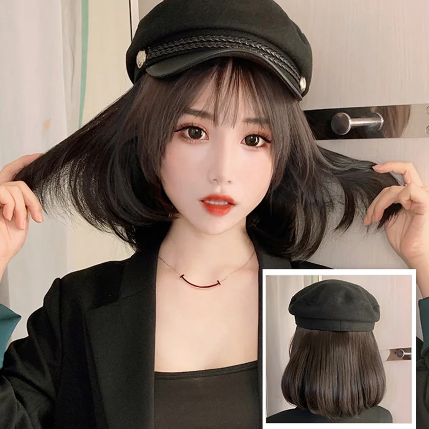 Bobo Chemical Fiber Hot Filament Short Straight Hair Navy Hat With Wig For Women