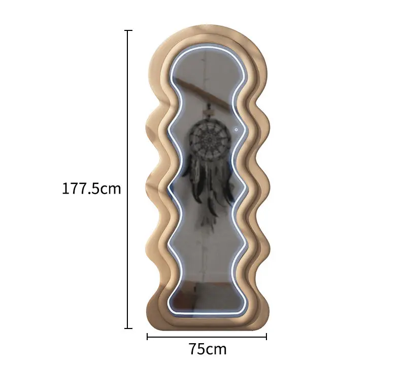 Modern Home Decor Luxury Floor Mirror Living Room Bedroom Wood Frame Wavy LED Mirror Wave Shape Floor Mirror