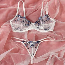 Exotic Sexy G-string Flowers Embroidery Bralette Lace Bra Bustier Thong Sets Underwear sexy lingeries bra