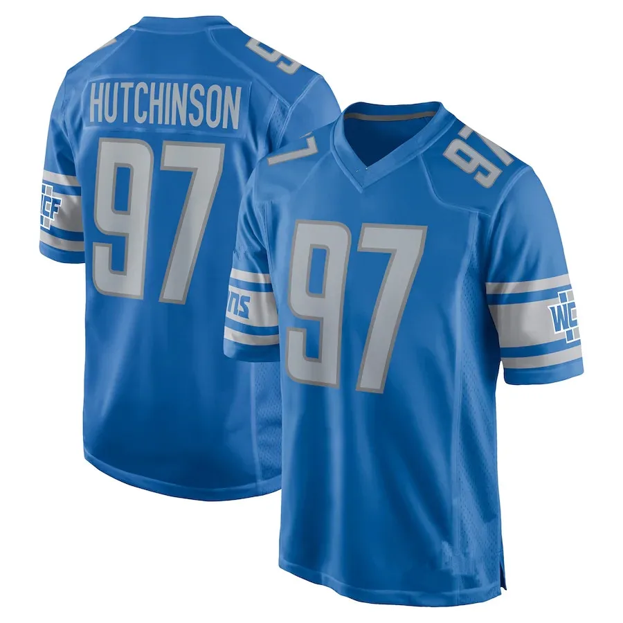 2023 синие майки Aidan Hutchinson #97 сшитые драфты первого раунда американский футбол футболки с ограниченной ответственностью