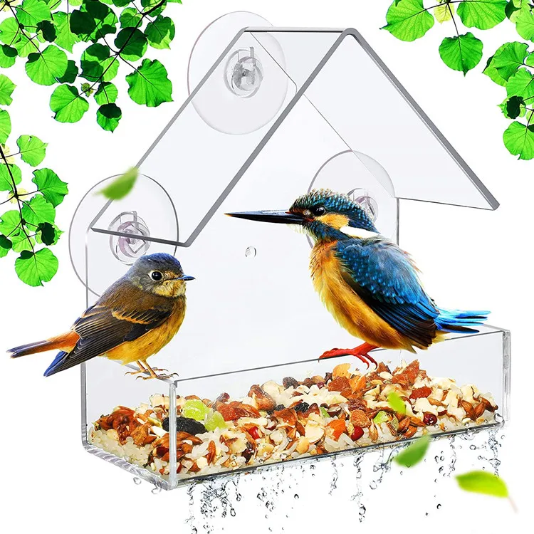 Clear Acrylic Window Bird Feeder Hanging Indoor Bird Watching Wild Bird Feeder