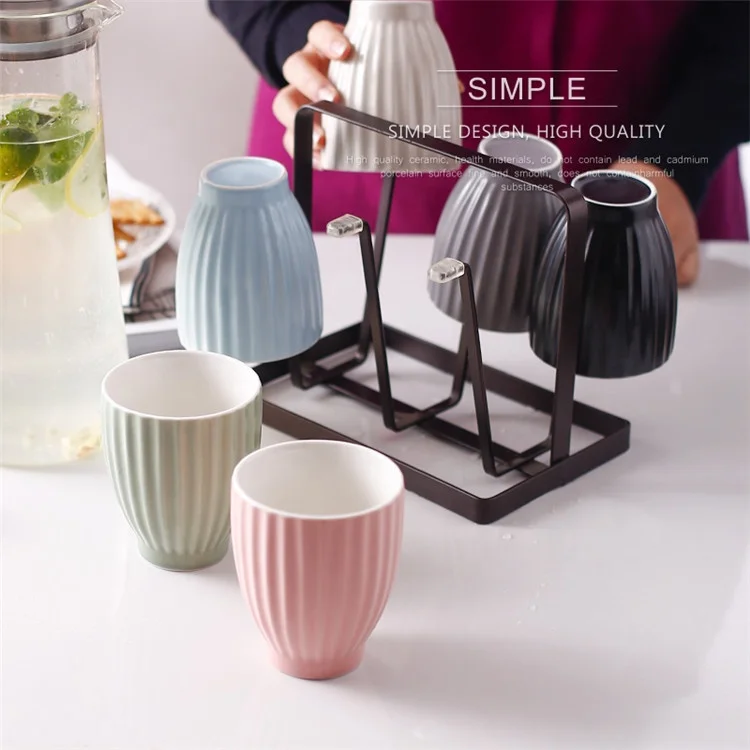Macarons color  vertical stripes design home good 280 ml ceramic coffee mugs without handles with holder