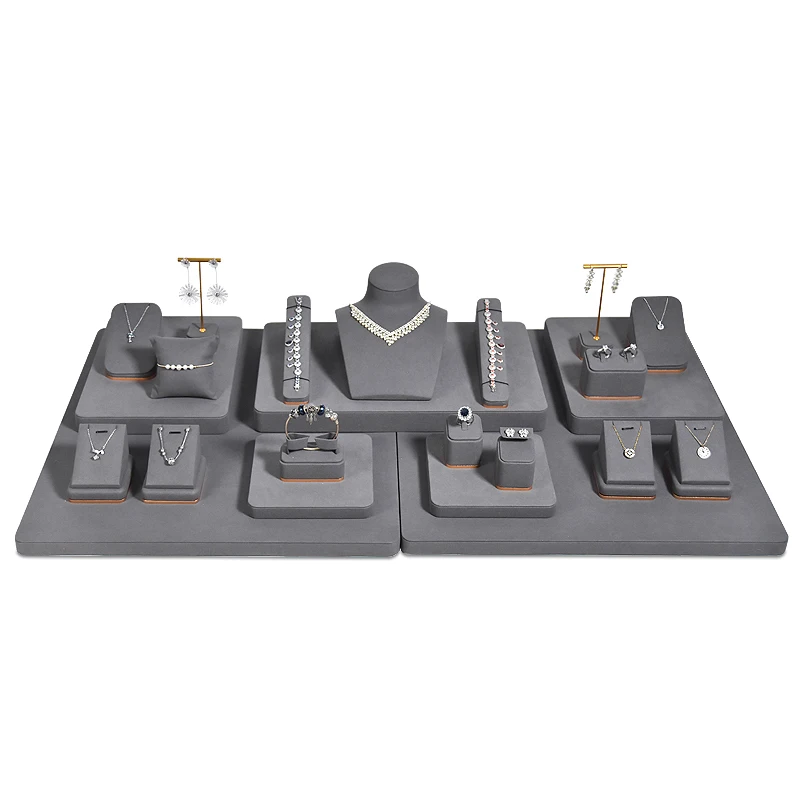 Jinsky Newest Design Classic Luxury Custom Dark Grey Jewelry Showcase Set For Earrings Display Ring Necklace Jewelry Display Set
