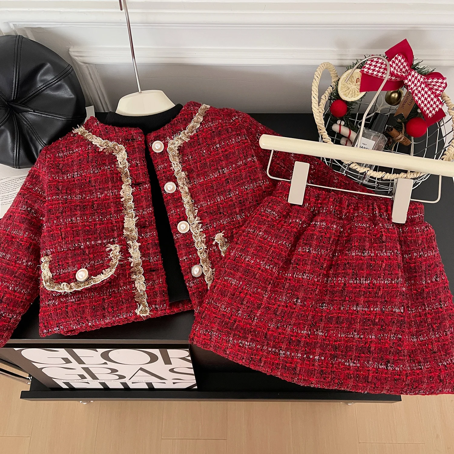 Winter Korean girl red thickened small fragrance festive foreign style set baby new dress set network red model