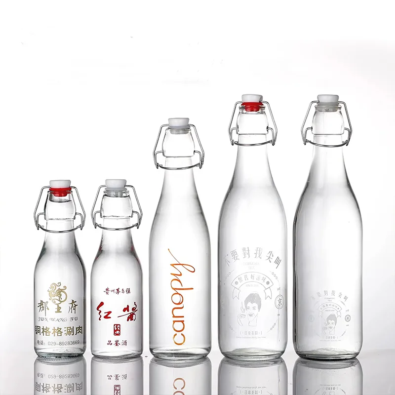 wholesale 1L (34OZ ) clear tall square swing top glass bottles for beverage water  liquid milk fruit  juice