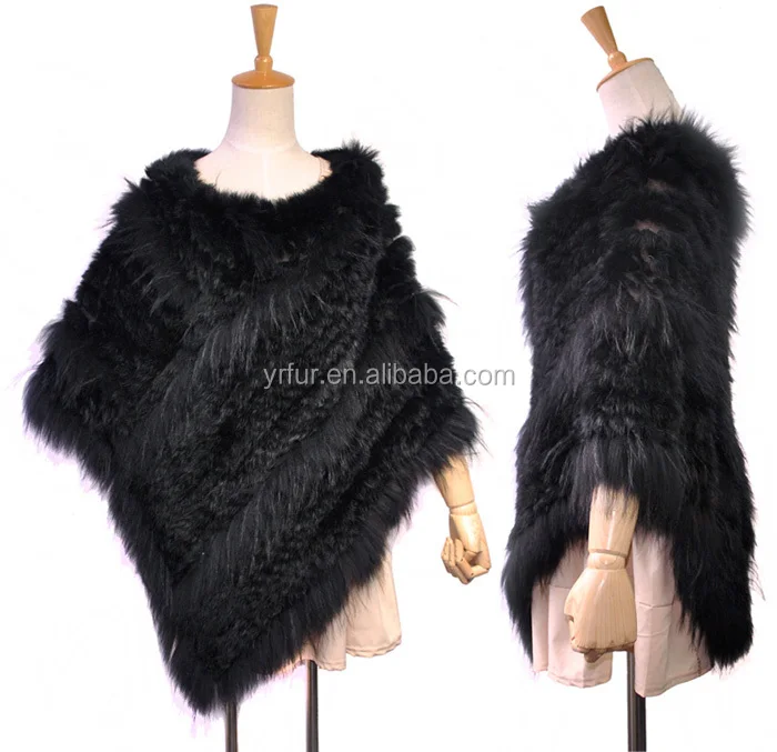 YR813 Genuine Hand knitted Triangle Real Rabbit and Raccoon Fur Poncho for Women High Quality