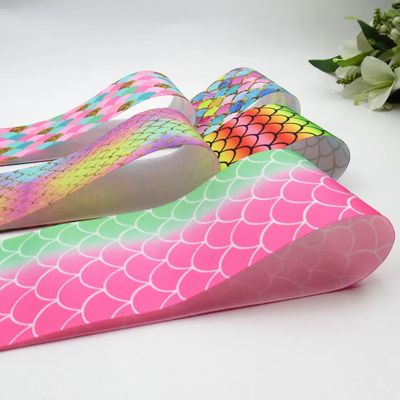 3 inch 75mm Custom Fish scales DIY Accessories Mermaid Gift Wrapping Printing Gift Ribbon for Hair Accessories