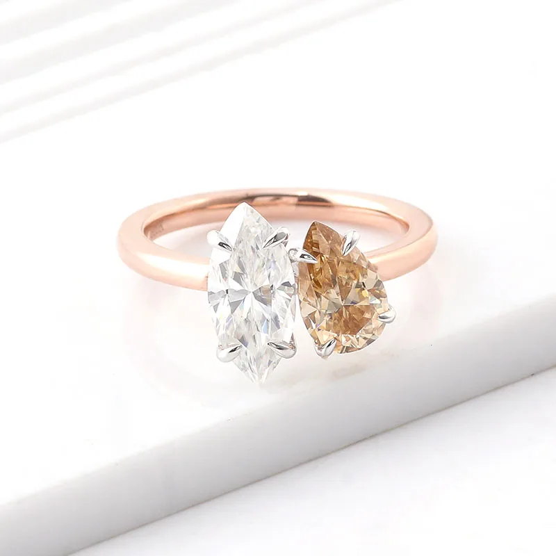 Toi et moi ring claw prong setting white and champagne loose moissanite diamonds ring in 14k 18k