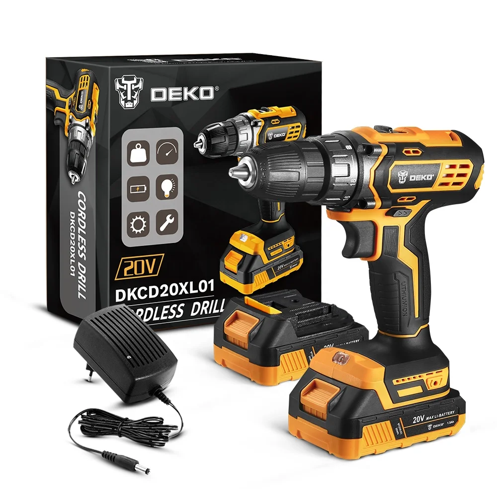 DEKO  DKCD20XL01-H10S2  20V Lithium Battery Drill Cordless Screwdriver 1500mAh Home DIY Woodworking Electric Power Drill