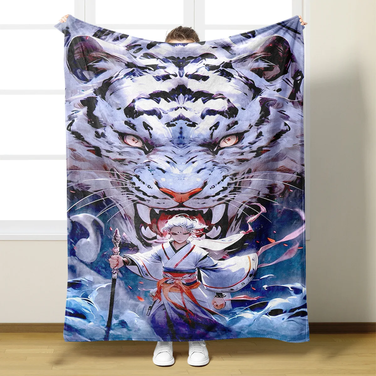 Customized Low MOQ Flannel Digital Print Tiger Head Bed Blanket Camping Holiday Gift Blanket Double Layer Sherpa Soft Blanket