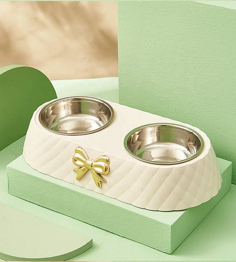 New Luxury Bow Knot Diamond Pattern with Stainless Steel Pet Double Bowls Cat Dog Food Utensilsmetal Pet Bowl