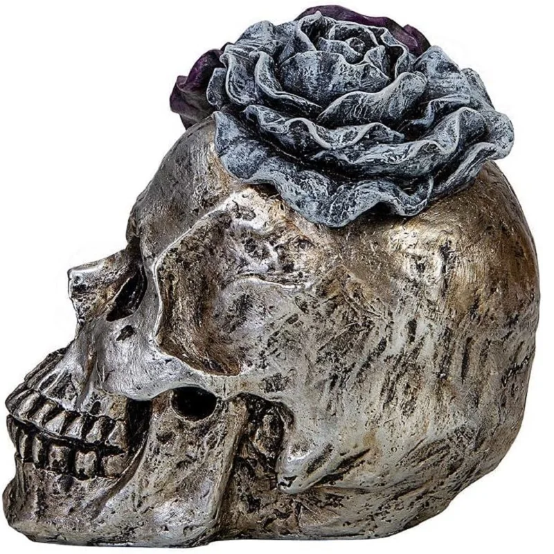 Home Decor Day of Dead Purple Grey Rose Silver Skull Resin Figurine Halloween Skull Statues