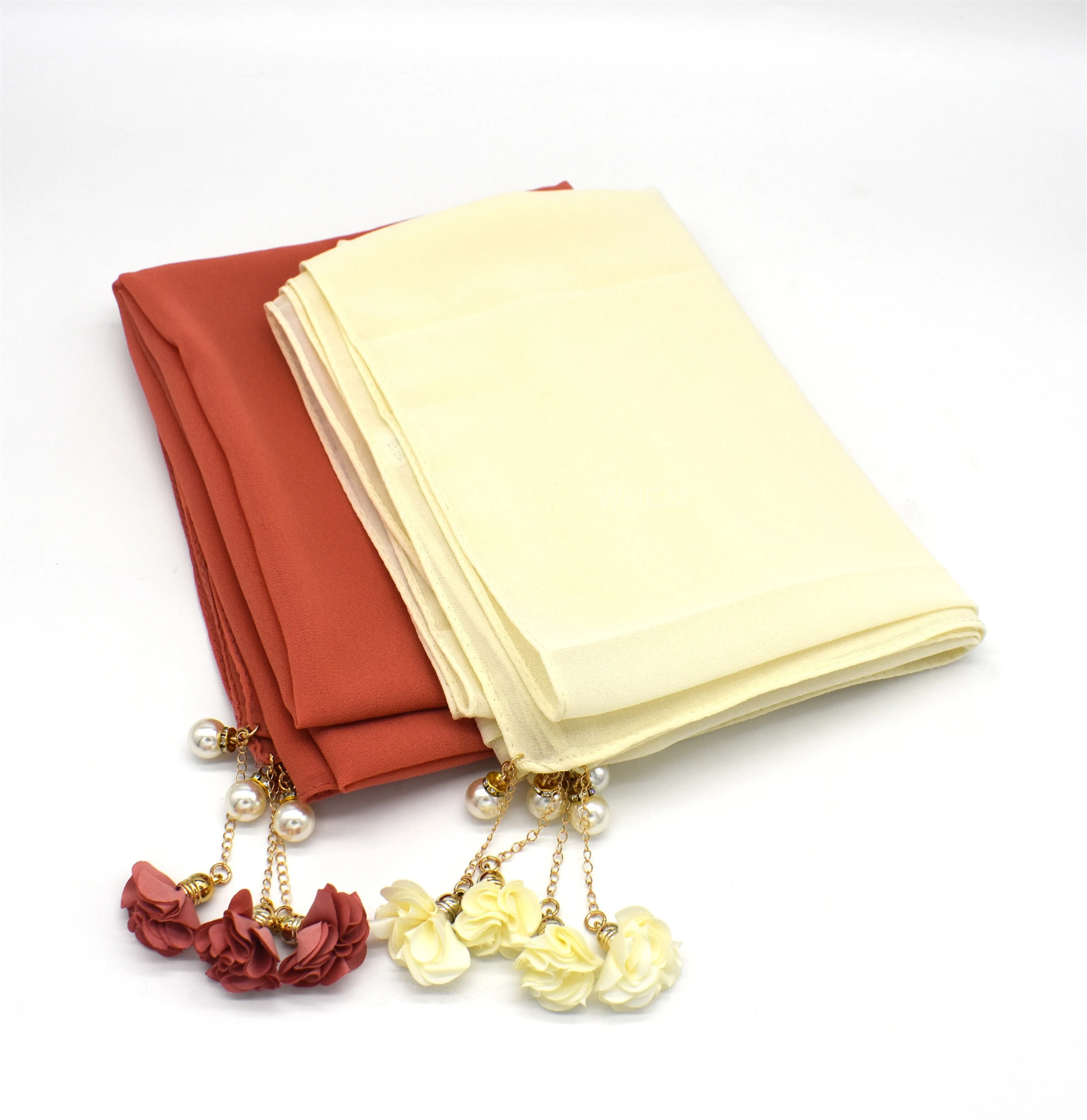 Newest Design Solid Color Chiffon Hijab Malaysia Plain Tudung Bawal Comfortable Women Fashion Scarf With Floral Pearl Tassel