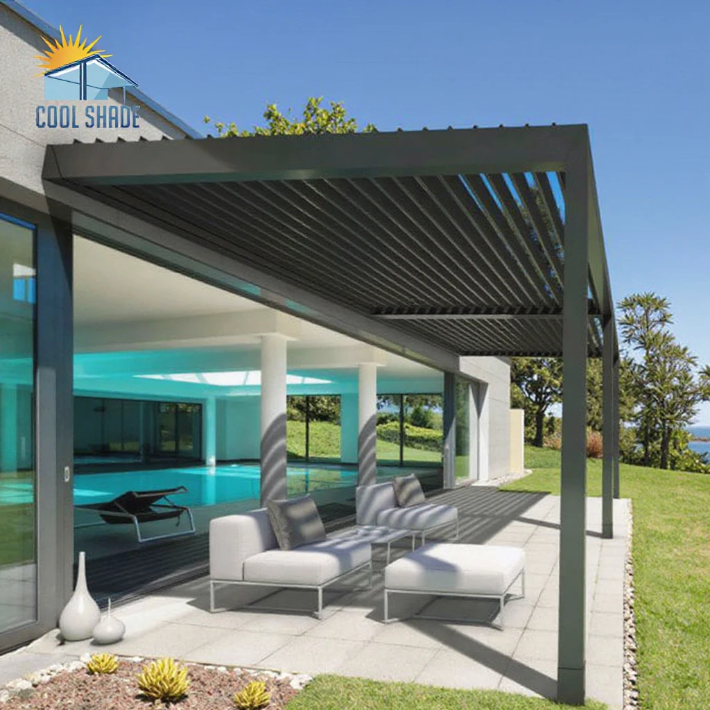 Hot Sale Bioclimatic pavilion roof motor patio metal outdoor garden aluminum louver shade waterproof aluminum pergola