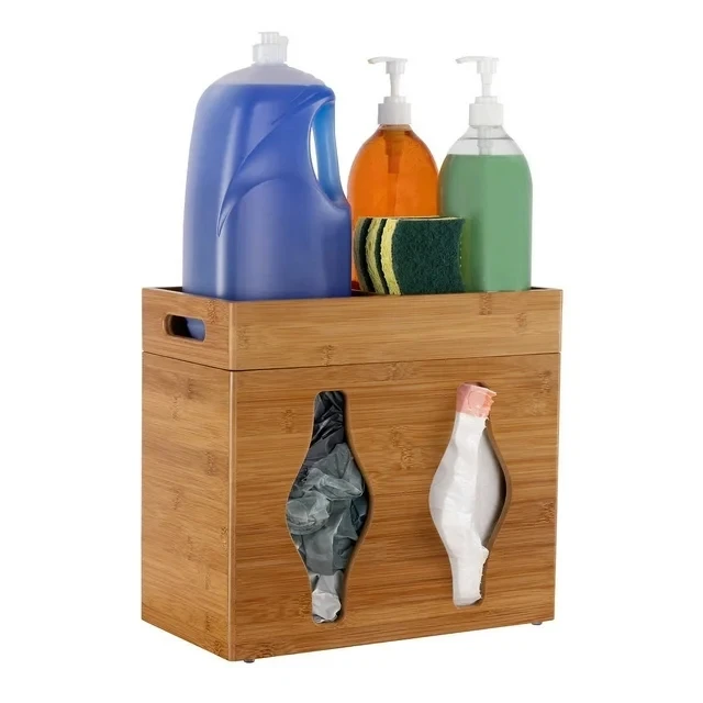 Large 2 in 1 Trash Bag Dispenser Bamboo Garbage Bag Holder and Tray Kitchen Laundry Trash Wall Mounted or on Countertop