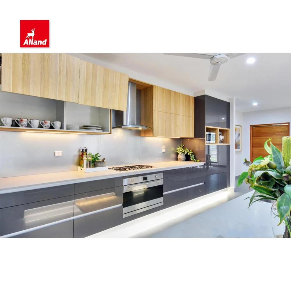 AllandCabinet Ready to Assemble Modern Lacquer High Gloss Meet Wood Grain Gray Kitchen Cabinets With White Counter Top