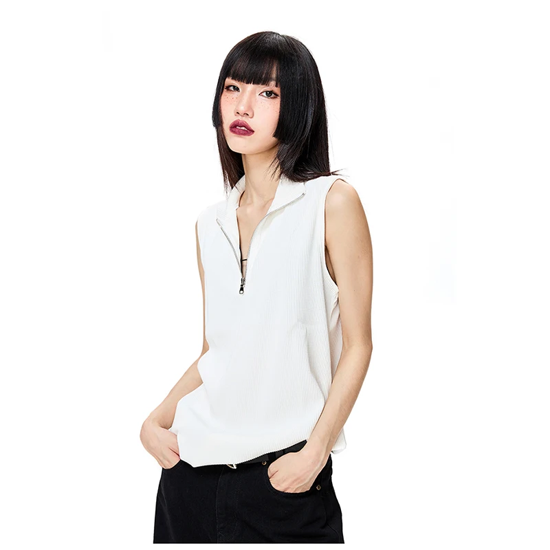 customized Your logo High Quality designer fashion front Zipper  Cotton Top Ribbed Knit Womens black Sleeveless vest