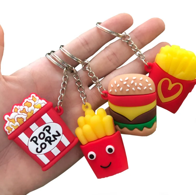 Cute Bubble Tea milk Pendant Keychains PVC Rubber Dolls Gifts Car Schoolbag Hamburger French fries popcorn keyring  Accessories