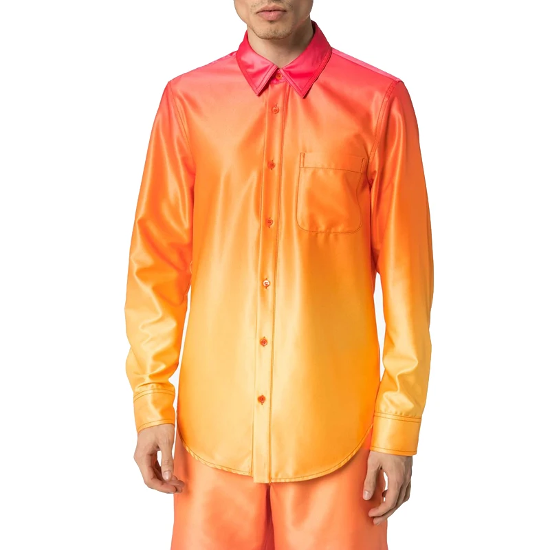 Gradient Satin Shirts for Men Custom High Quality Orange and Yellow Casual Shirts Long Sleeve Gradient Shirt Full Satin Fabric