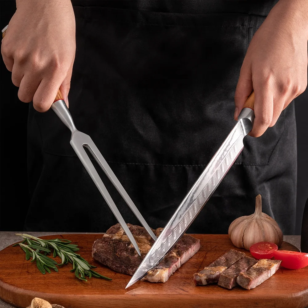Great Gift for Thanksgiving&Christmas Carving Slicing Knife and Fork Set 2 PCS Full Tang Carving Set for Turkey Meat BBQ Brisket