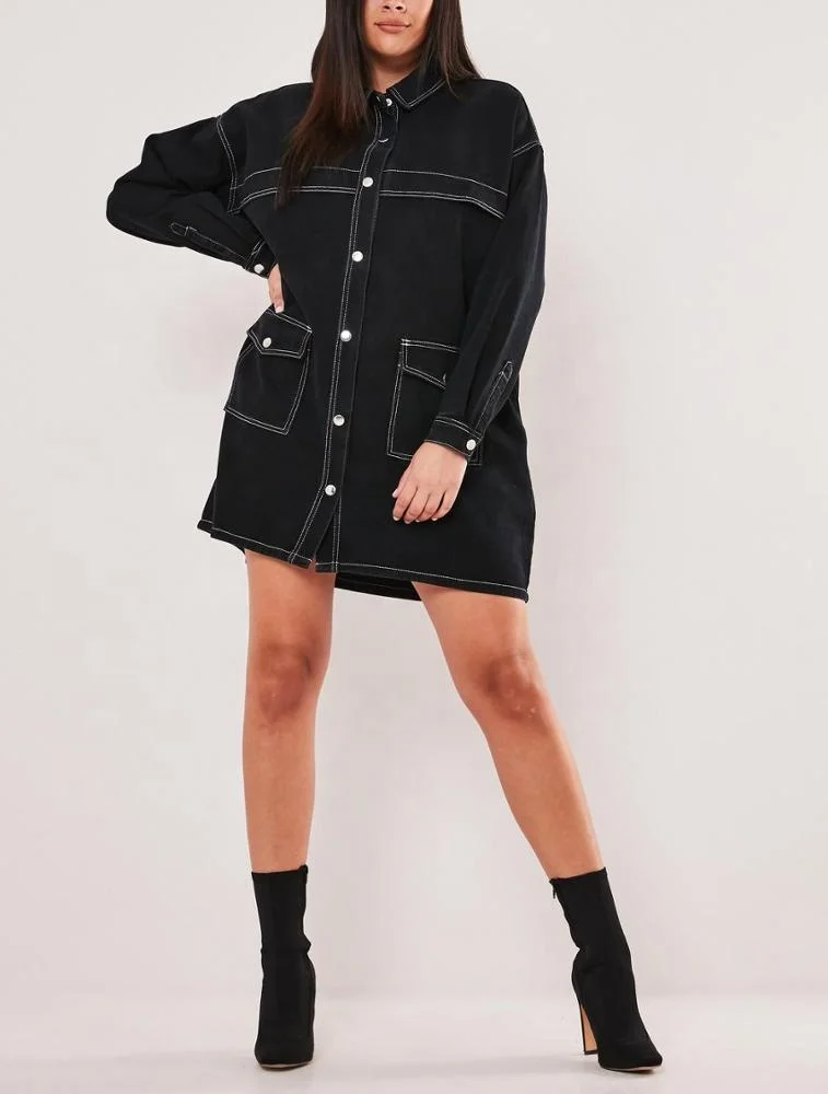 custom logo plus size fat women black jacket contrast white stitch ladies cool fashion long denim jacket