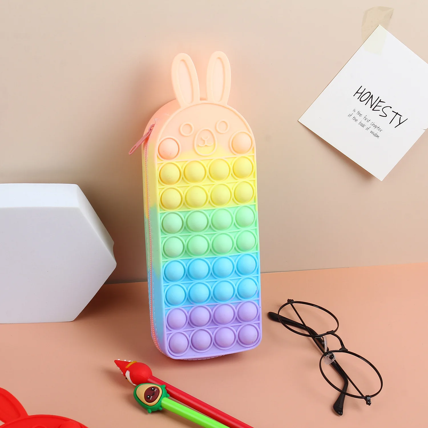 New Rainbow Color Decompression Pencil Case Cartoon Obedient Rabbit Silicone Creative Storage Stationery Box