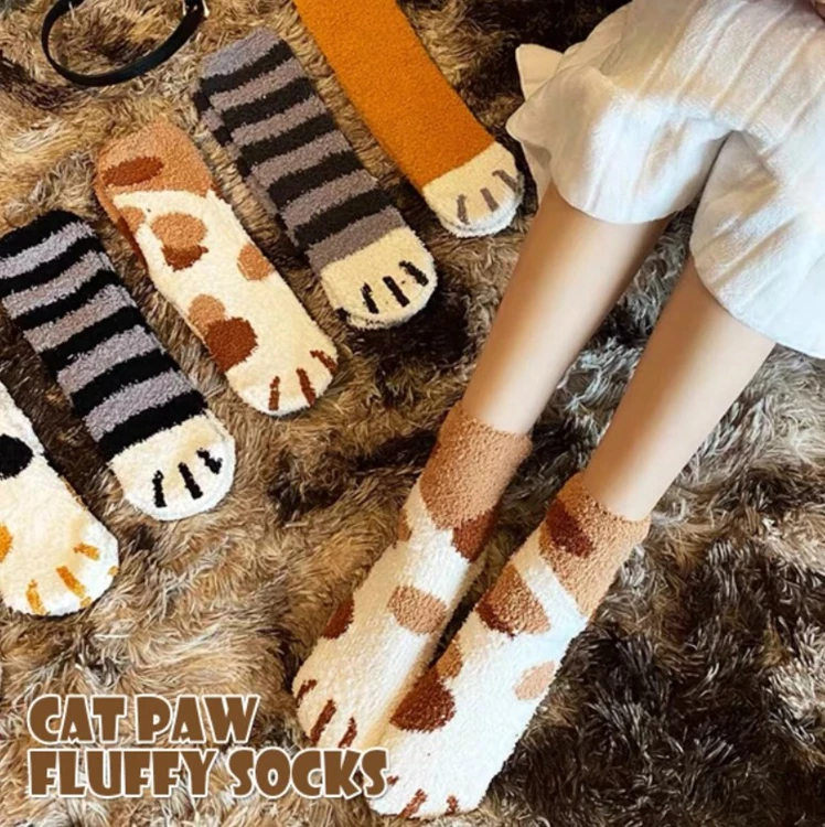 fluffy socks one size polyester custom logo animal cat paw winter ladies cosy crew fuzzy socks