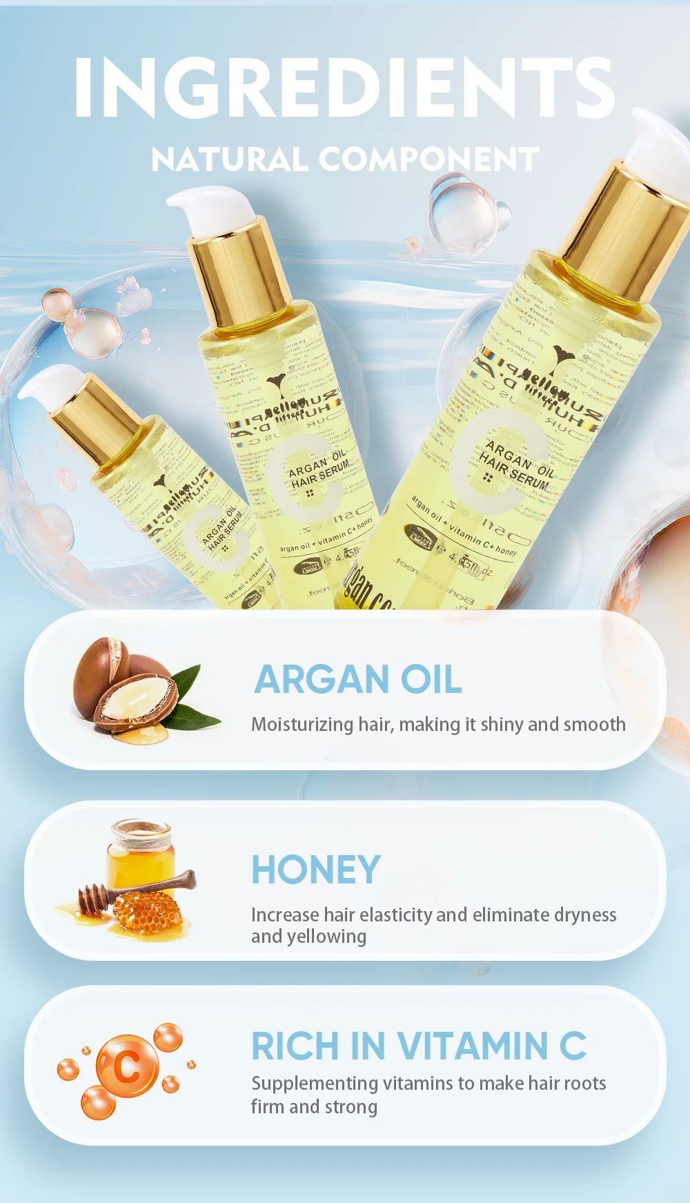 Low Price Yellow Fifteen Argan CC argan oil vitamin C honey hair oil serum
