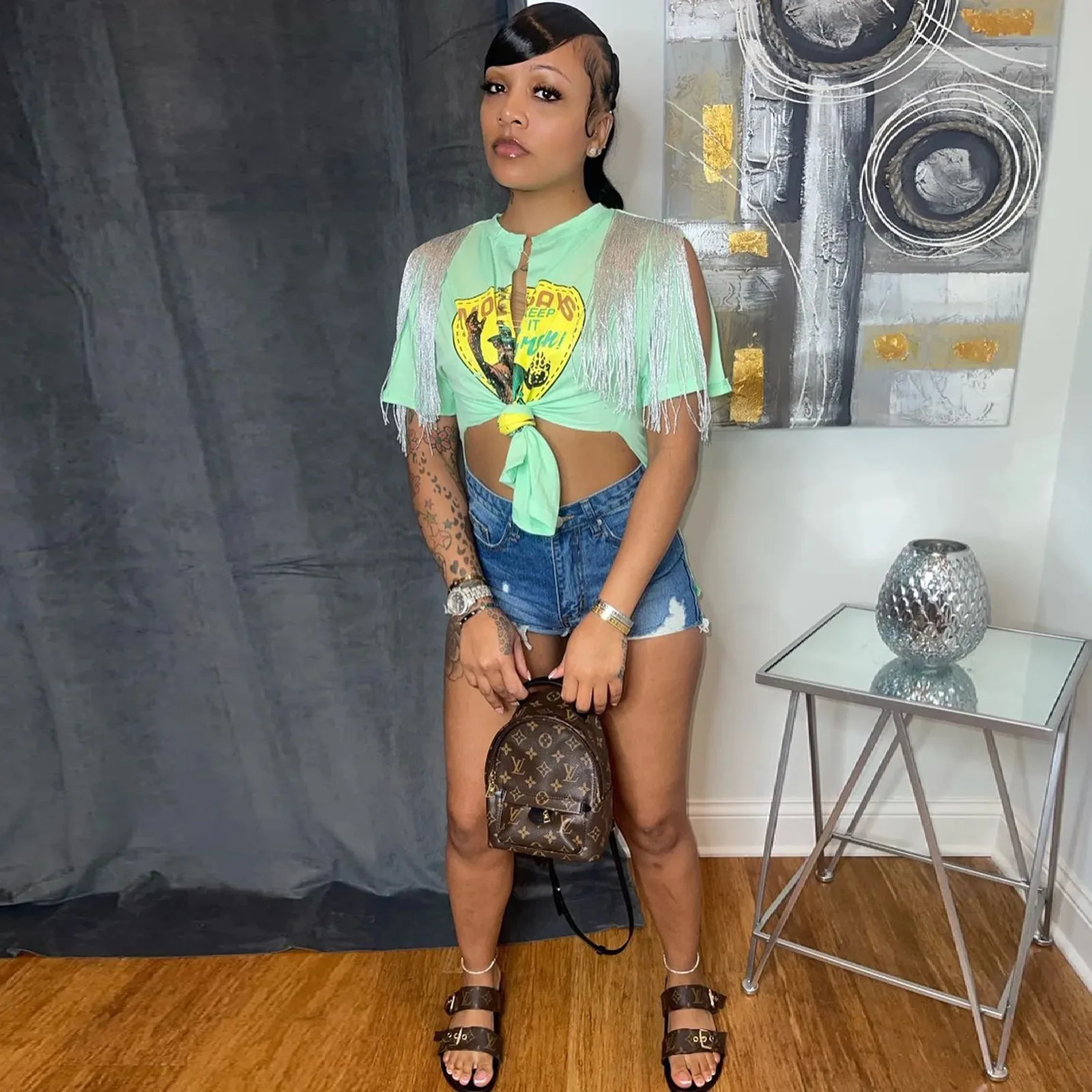 Ladies T Shirts 2022 Summer Vintage Printed Slit Fringe Short Sleeve Crop Top Ladies Graphic Tees