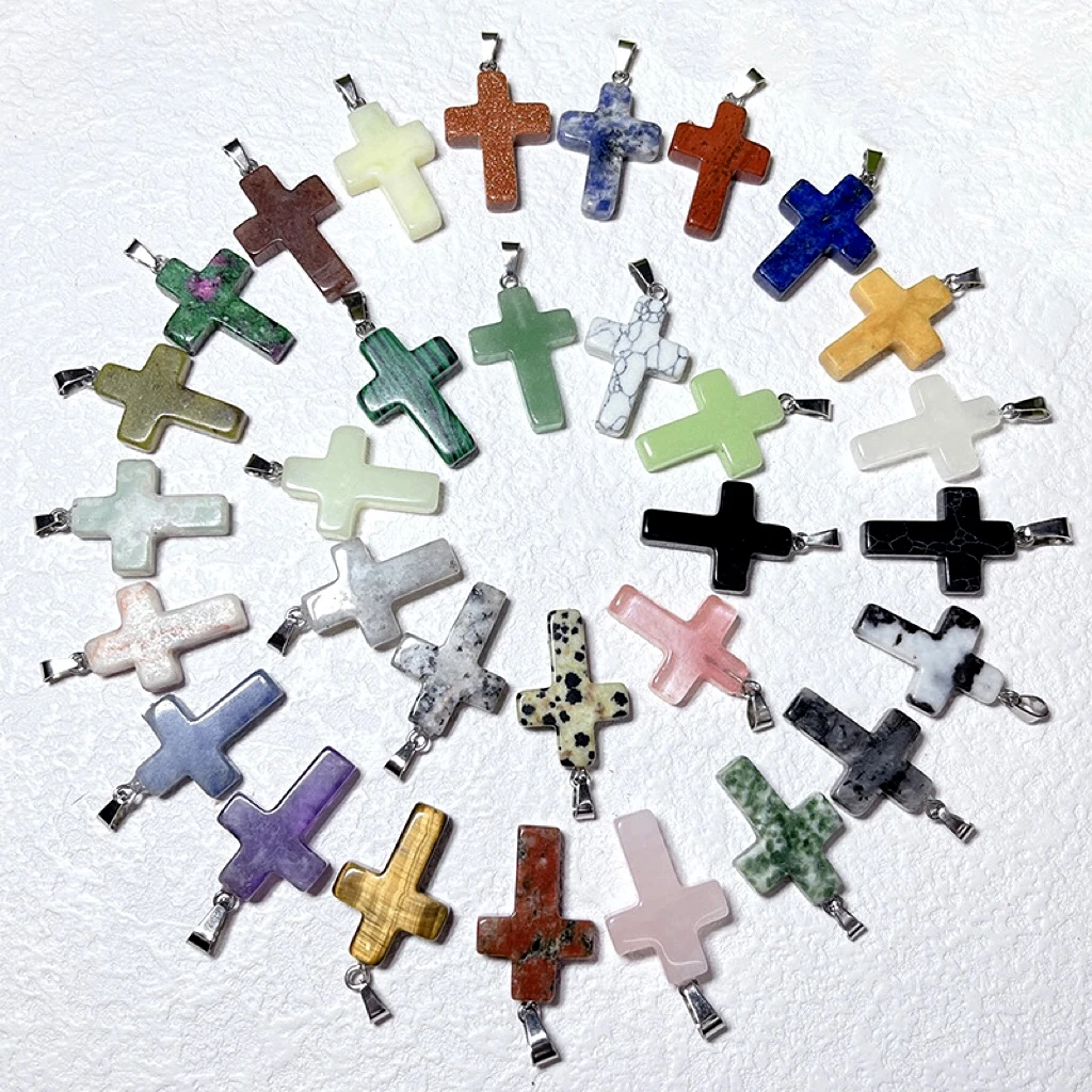Wholesale carved natural crystal healing stone quartz diy jewelry accessories Christian cross pendant necklace