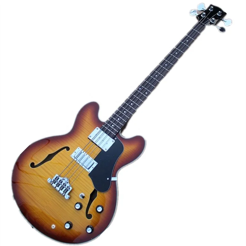 Фабрика Huiyuan, полуполый корпус, электрическая бас-гитара с отпечатком пальца из палисандра, Пламенный кленовый шпон