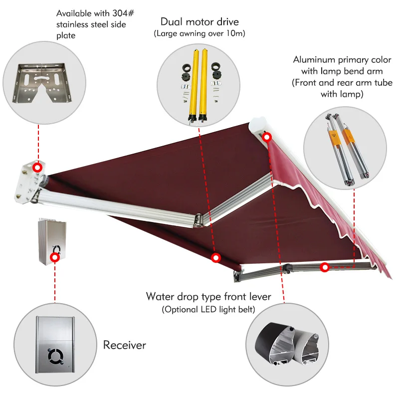 Eco Aluminum Waterproof Sunshade Pergola Canopy Restaurant Balcony Retractable Awning LED Light Customized awning