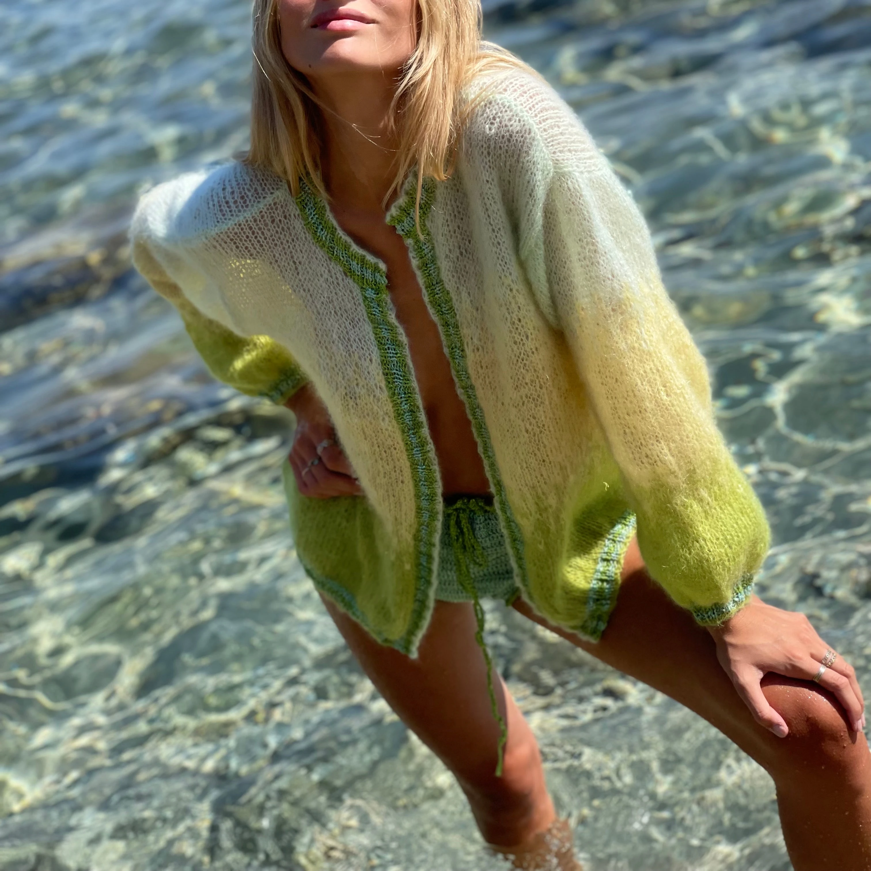 Color Gradient Color Blocking Contrast Color Mohair Wool Ladies Cardigan Sweater Long Sleeve Knit Sweater