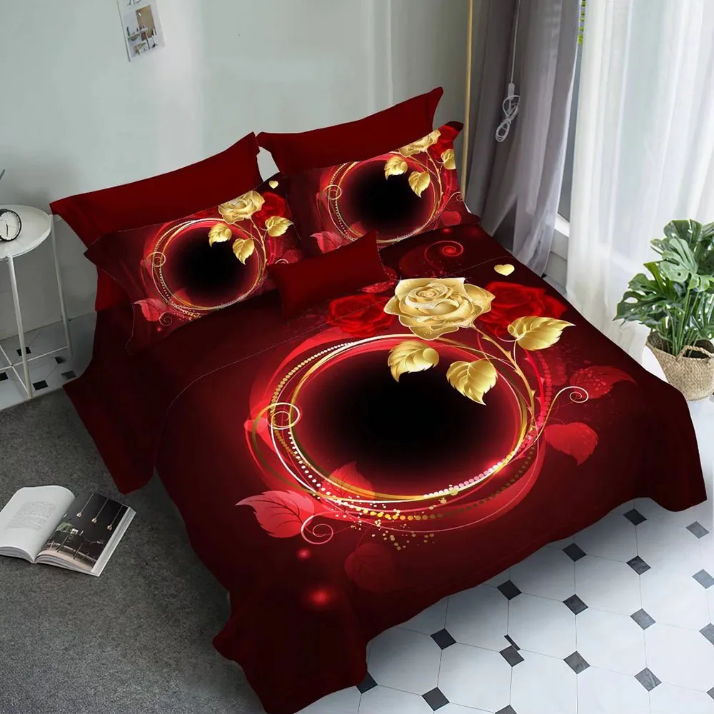 Red Gold Luxury Rose Theme Polyester Bedding Set Collection 3D Printing Pillowcases Duvet Cover Set