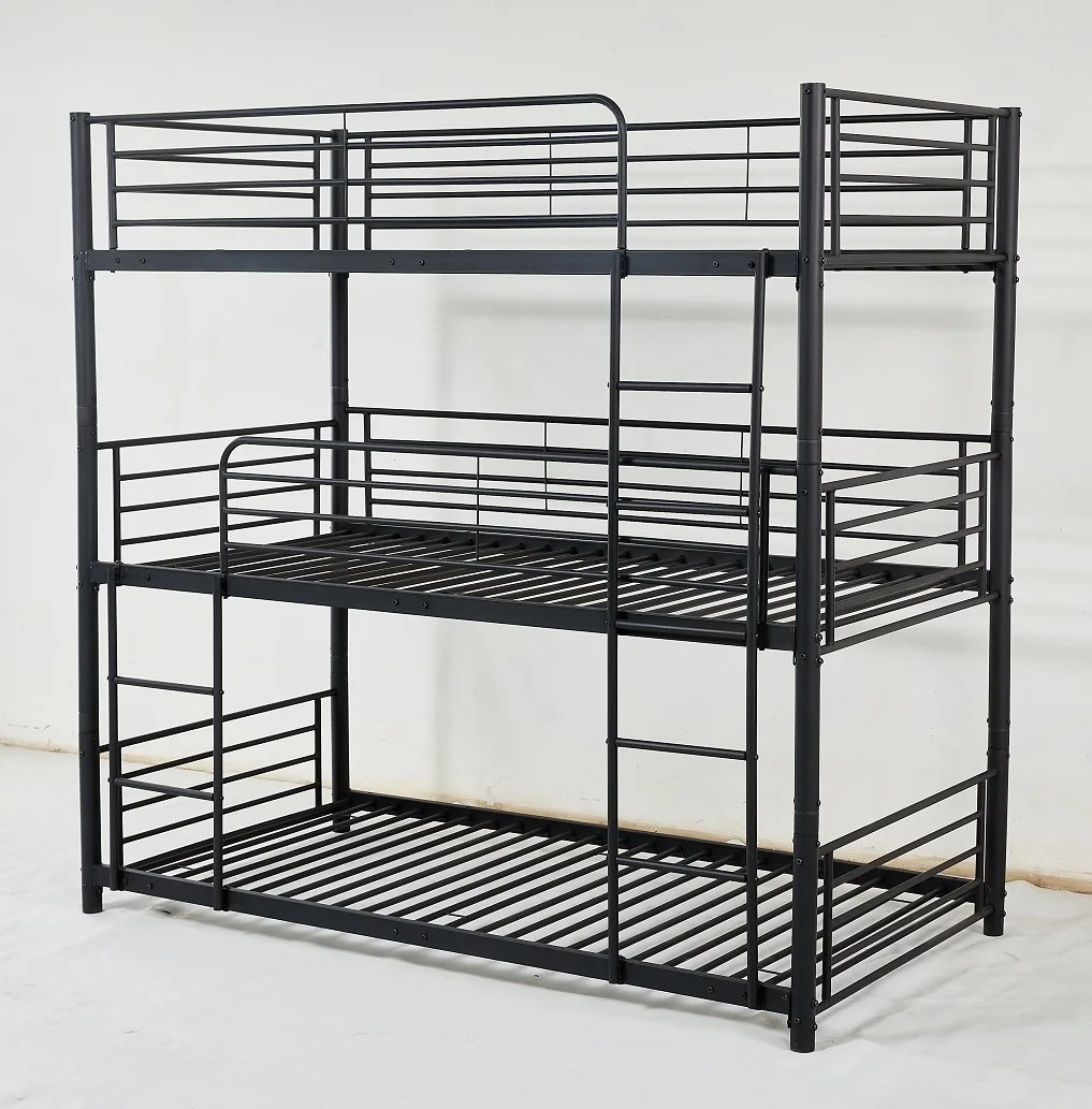 Kids furniture metal bunk bed, triple tiered 3 deck iron bed  black white for home furniture
