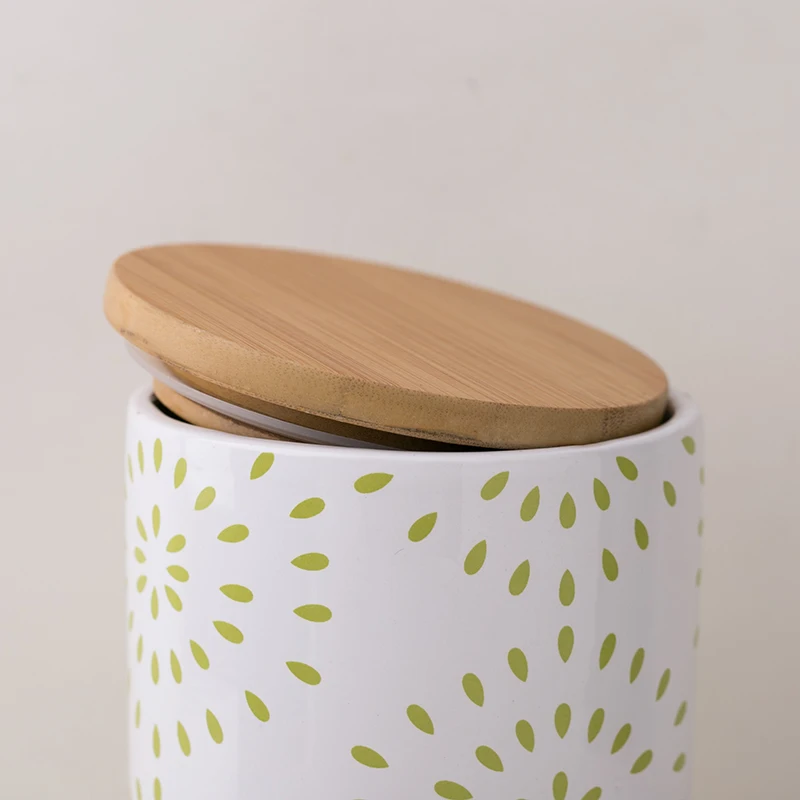 food storage ceramic canister green spots print jar bamboo lid jar