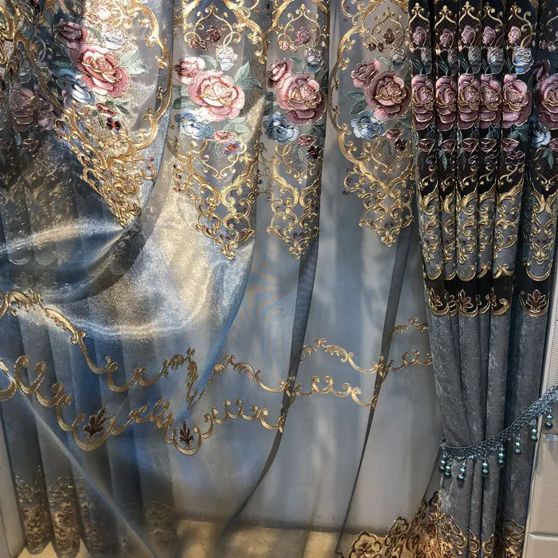 Curtain living room hollowed out gold embroidered CURTAIN FABRIC chenille window screen accept finished process punch fold