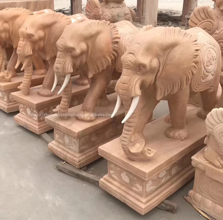 Outdoor Garden Sunset Red Marble Elephant Sculpture Statue