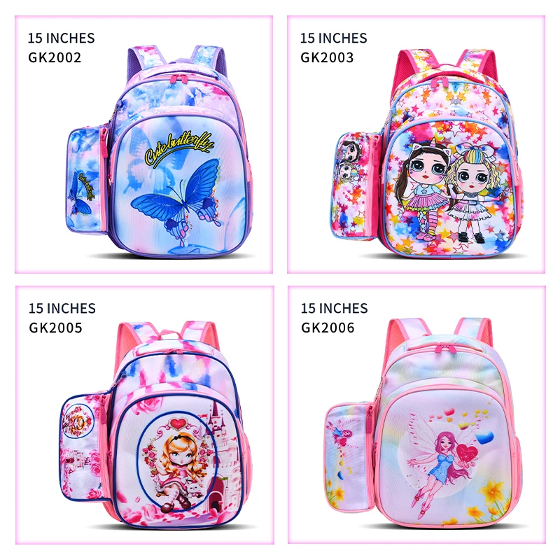fashion 15 inch school  cartoon bags special colorful fabric design kids bag  with pencil case