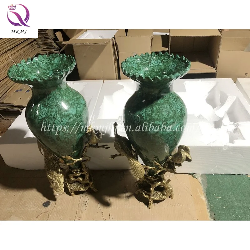 Emerald Decorative Brass porcelain Peacock Flower Vase Antique tall Vase Art Crafts for Indoor Home Decoration