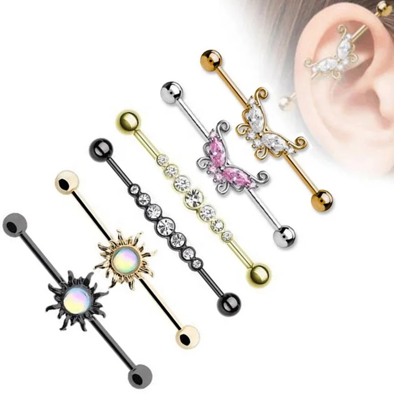 14G 36mm 316L Stainless Steel Industrial Barbell Zircon Butterfly Sun Industrial Earring Barbell Bar Piercing