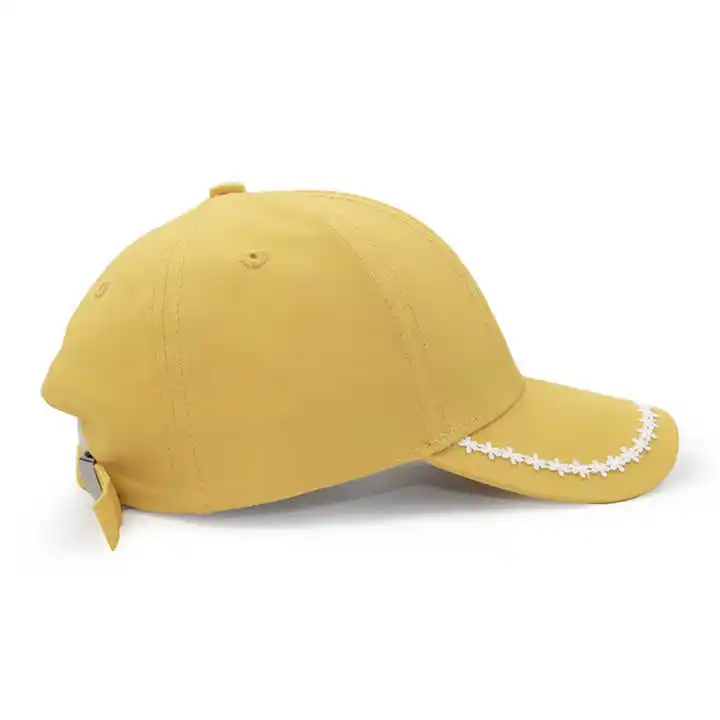 Yellow custom logo print embroidery unisex sunshade waterproof 6 panel wide brim fresh color metal buckle baseball hats