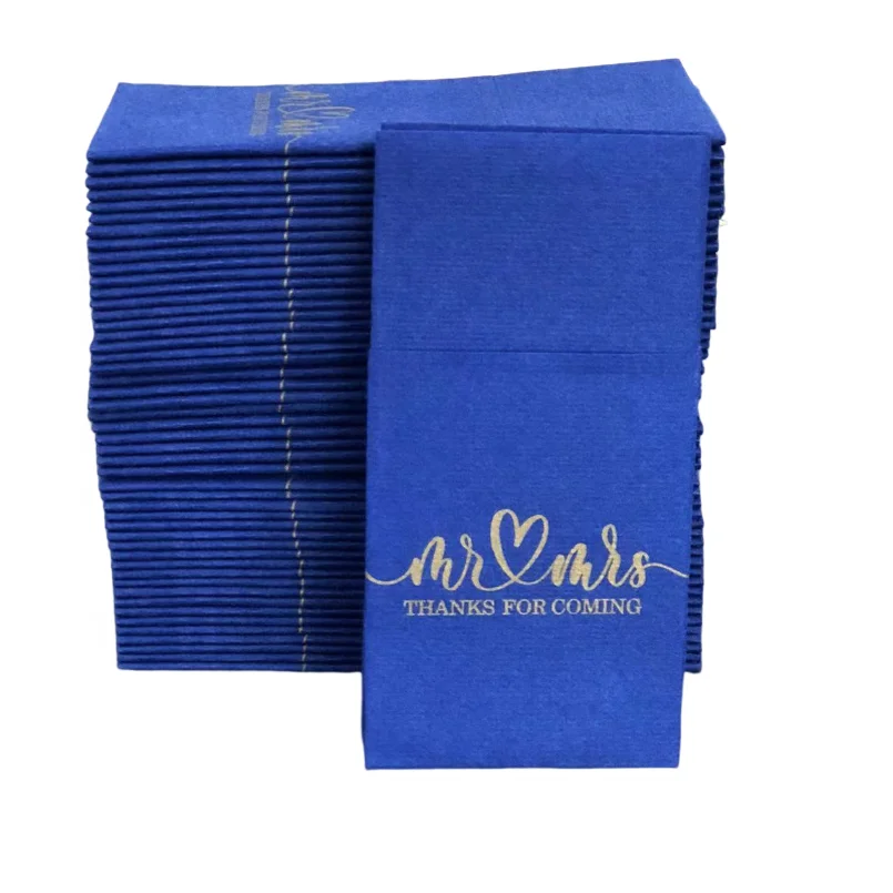 High Quality Bule Napkins Paper With Gold Logo Personalized Wedding Napkins Disposable Color Dinner Napkins