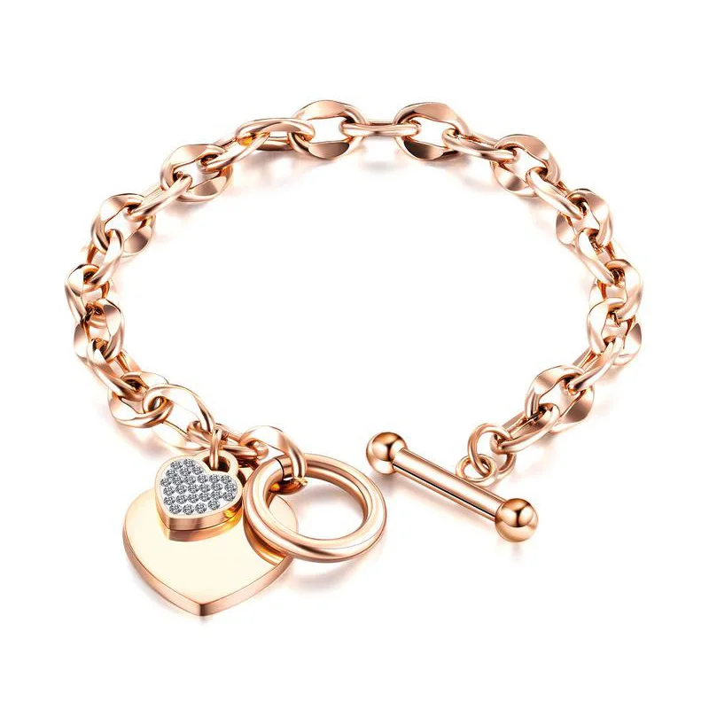 18K Gold Plated Stainless Steel Toggle Clasp Jewelry Cubic Zirconia Heart Charm Bracelet Women