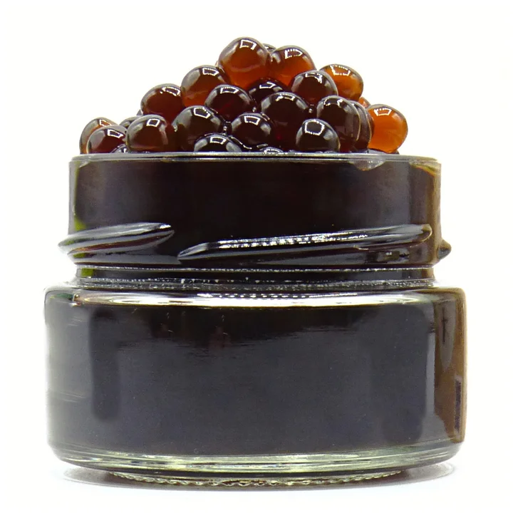 Spain Premium 50 % Purity Soy Sauce Pearls Umami Taste 55G Glass Jar Delicate And Slightly Gelly Dark Soy Sauce Pearls For Fish