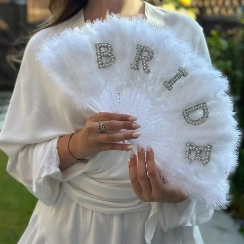 New White Folding Feather Fan With Pearl Elegant Wedding Decoration For Brides And Bachelorette Parties For